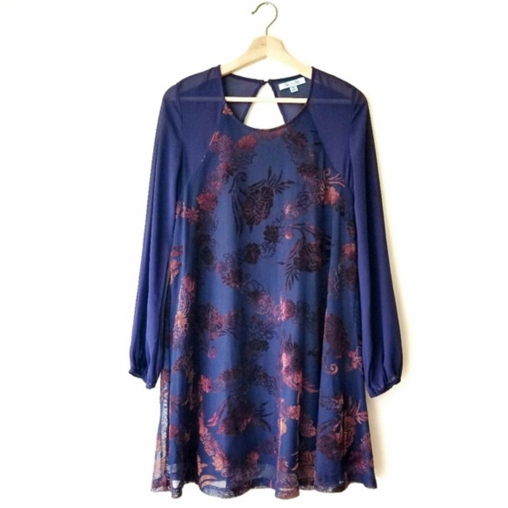 She and Sky Silk Velvet Floral Brocade LS Dress